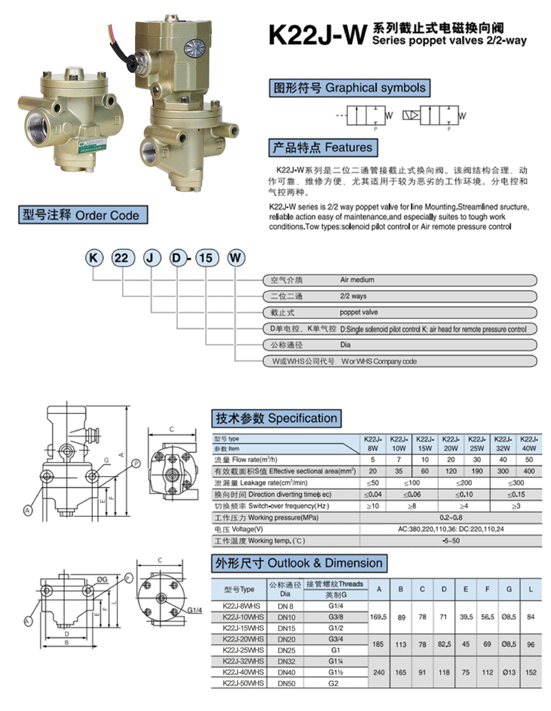二位二通截止式电磁阀K22JD-WF系列参数